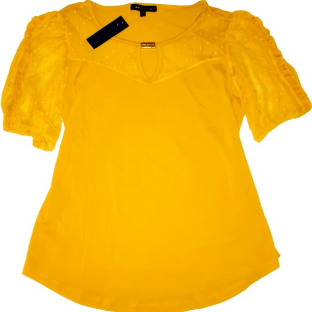 New Adrienne Vittadini Top Blouse Shirt Yellow Mustard Sheer M Medium